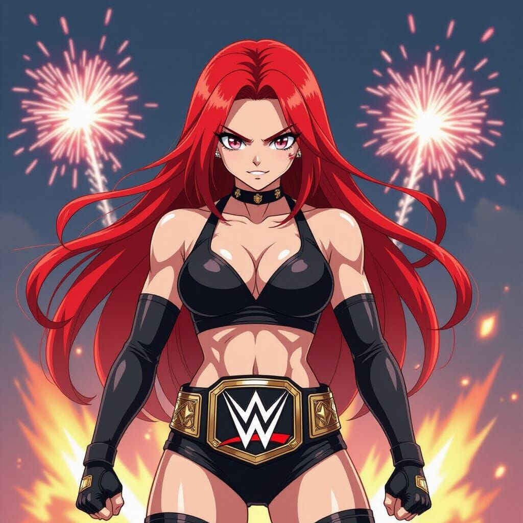 Anime Wrestler with Championship in Pyro Show