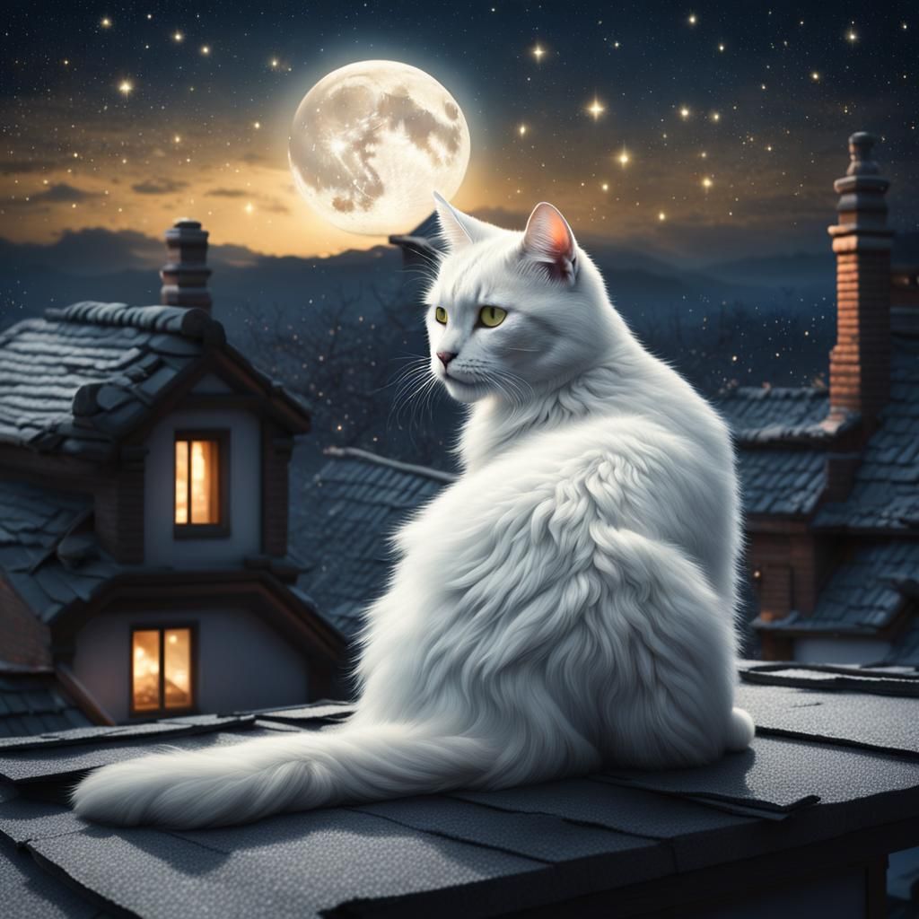 White Cat on Roof Under Night Sky