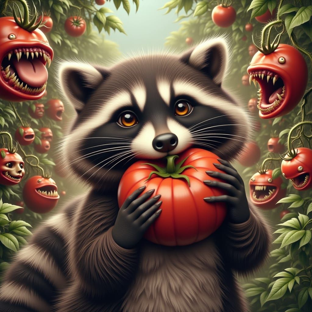 Giant Raccoon and Killer Tomatoes in Cartoon Style