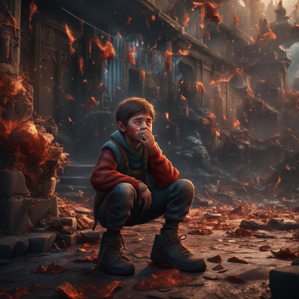 Boy Cries After Humiliation: Detailed Matte Painting