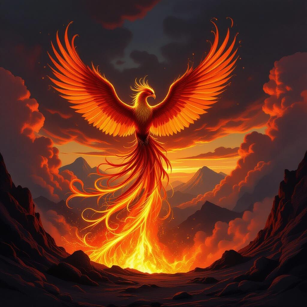 Majestic Phoenix Rises from Volcanic Caldera in Baroque Styl...