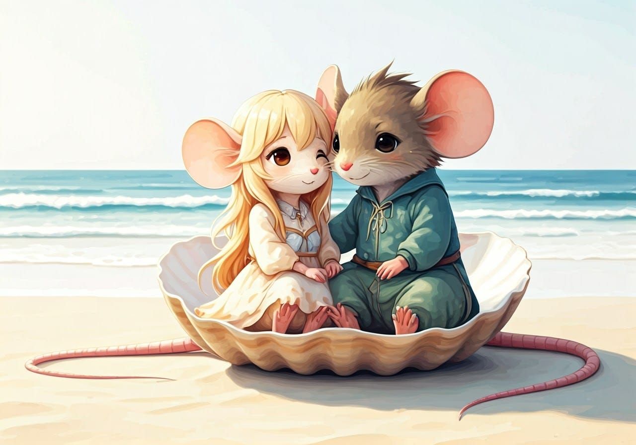 Whimsical Watercolor Couple in a Seashell