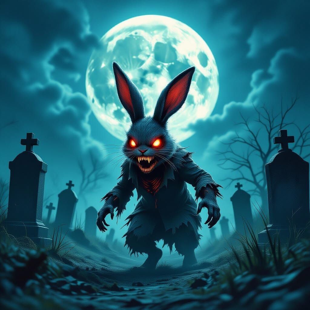 Terrifying Zombie Bunny in Ominous Graveyard