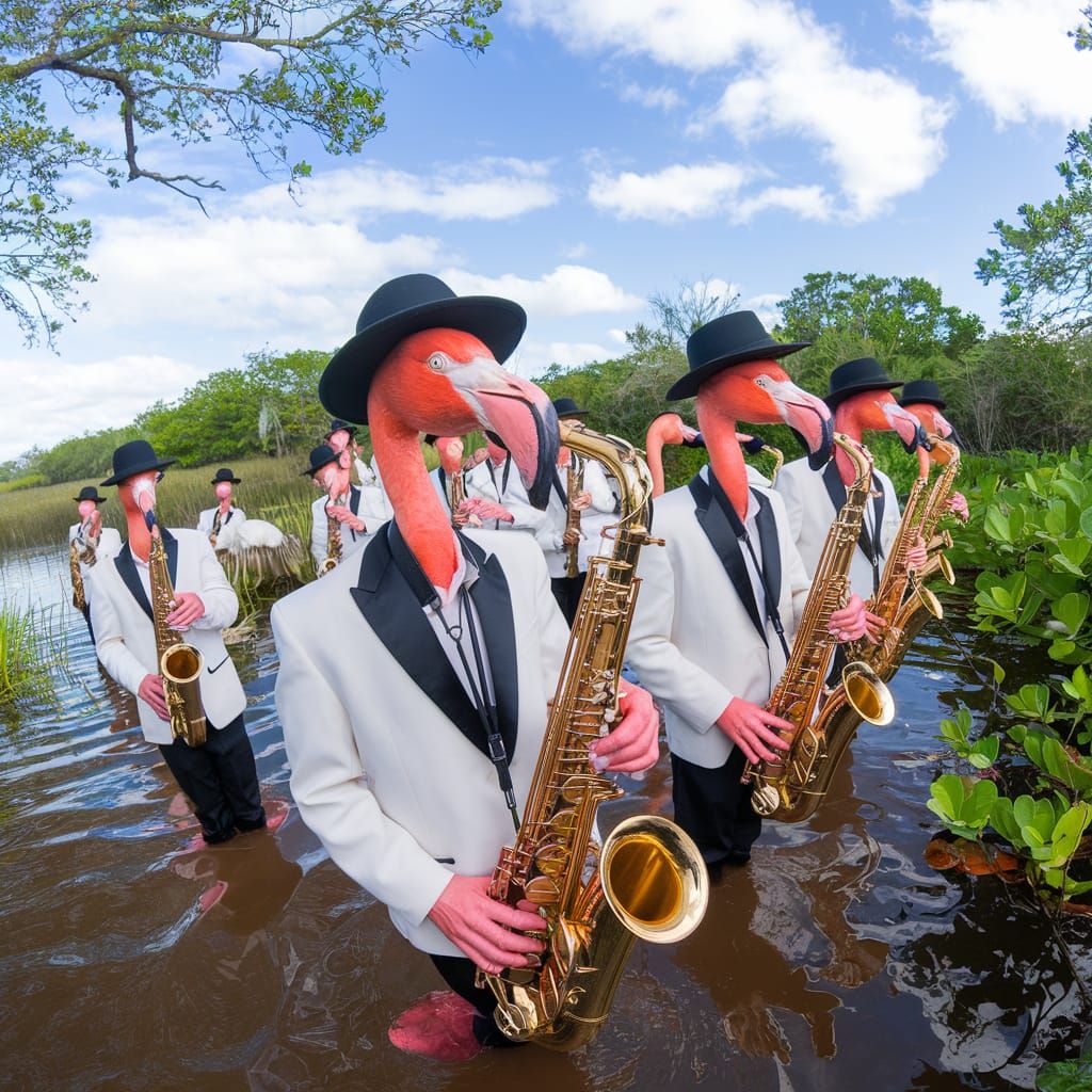 Flamingos Playing Saxophone in the Everglades