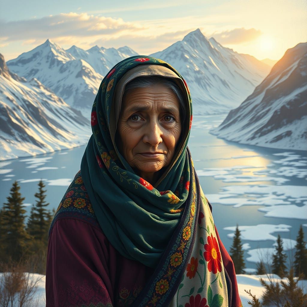 Elderly Yemeni Woman Embracing Alaskan Wilderness in Vibrant...