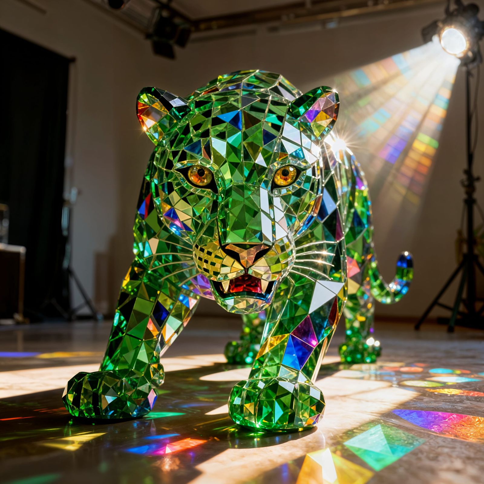 Vibrant Green Glass Jaguar Sculpture in Magical Light