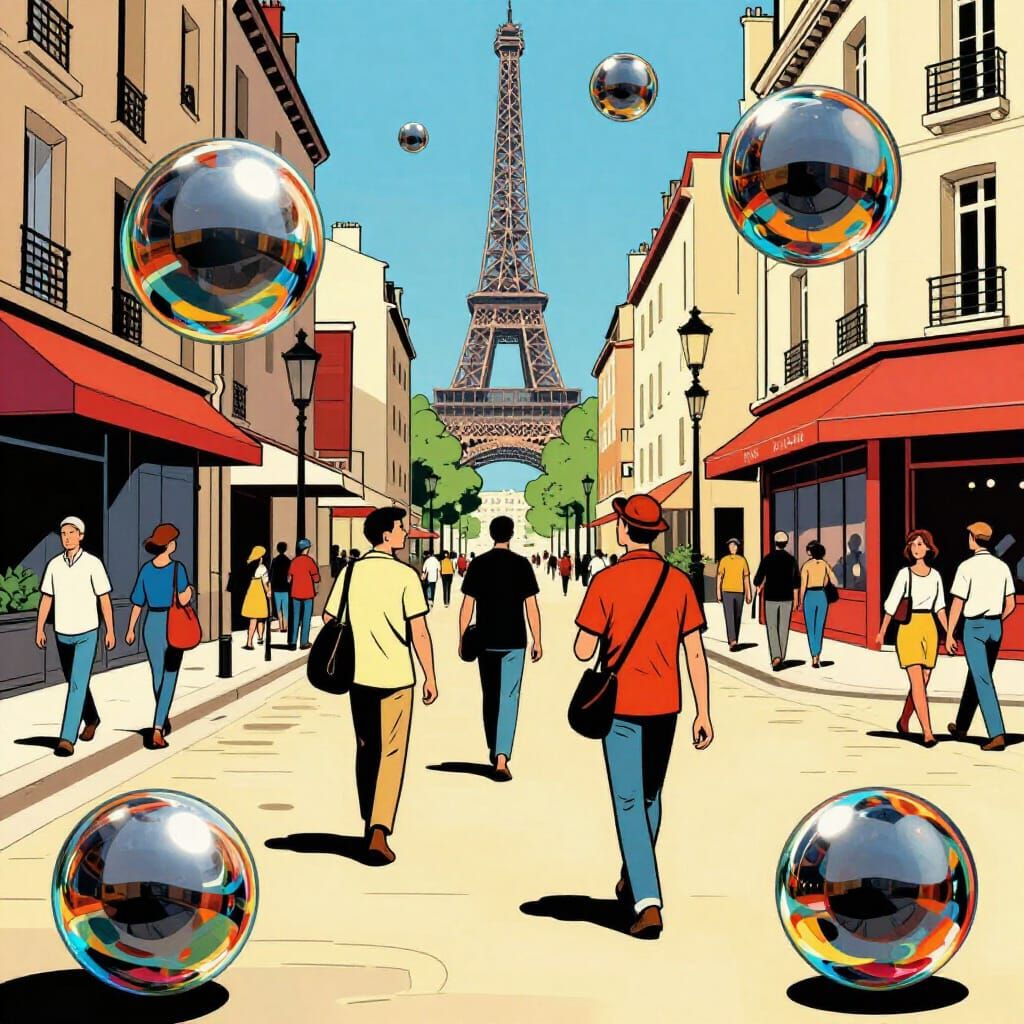 Parisian Street Scene in Vintage Comic Style with Chrome Sph...