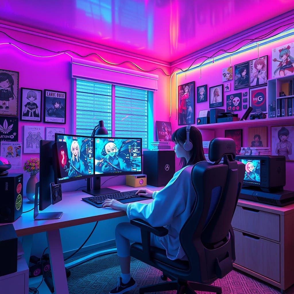 Young Woman's Gaming Room in 3D Anime Art