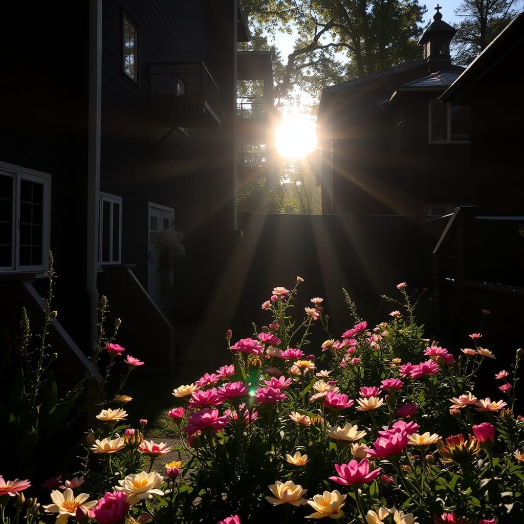 Sunbeams Illuminate a Blooming Garden in Shadow
