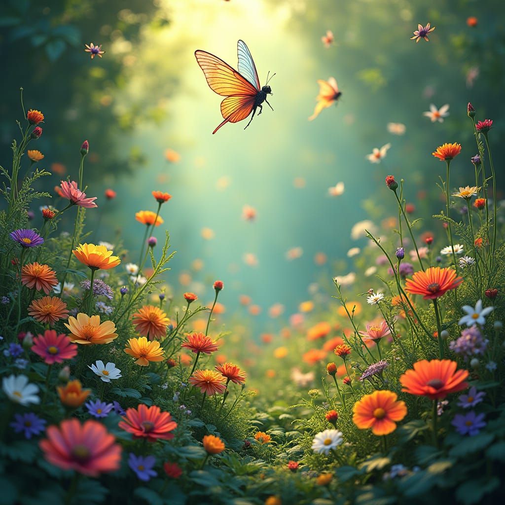 Whimsical Floral Wonderland in Vibrant, Detailed Style