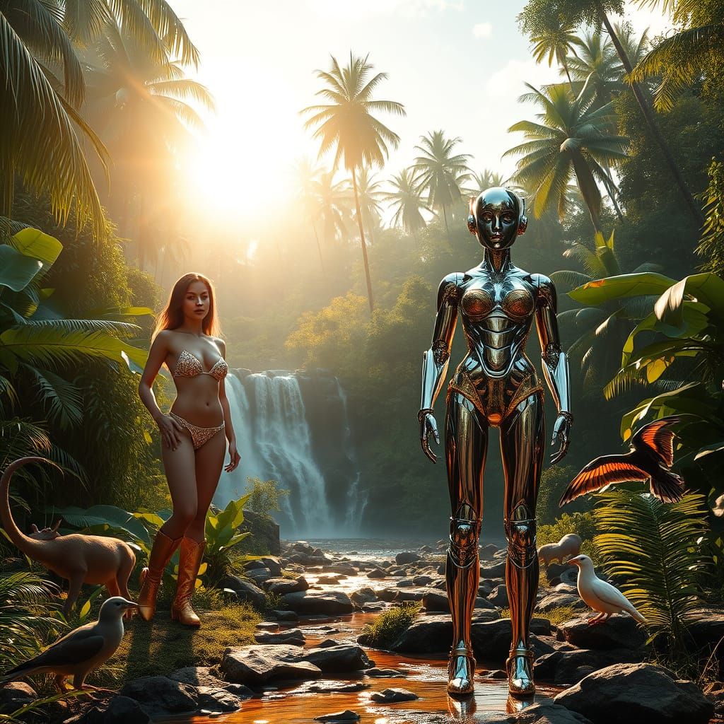 Surreal Tropical Jungle with Futuristic Robot and Adventurou...