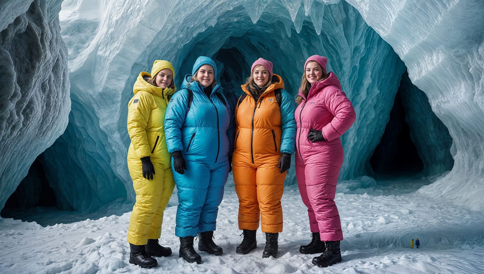 Icy Cavern: Three Women in Snowsuits