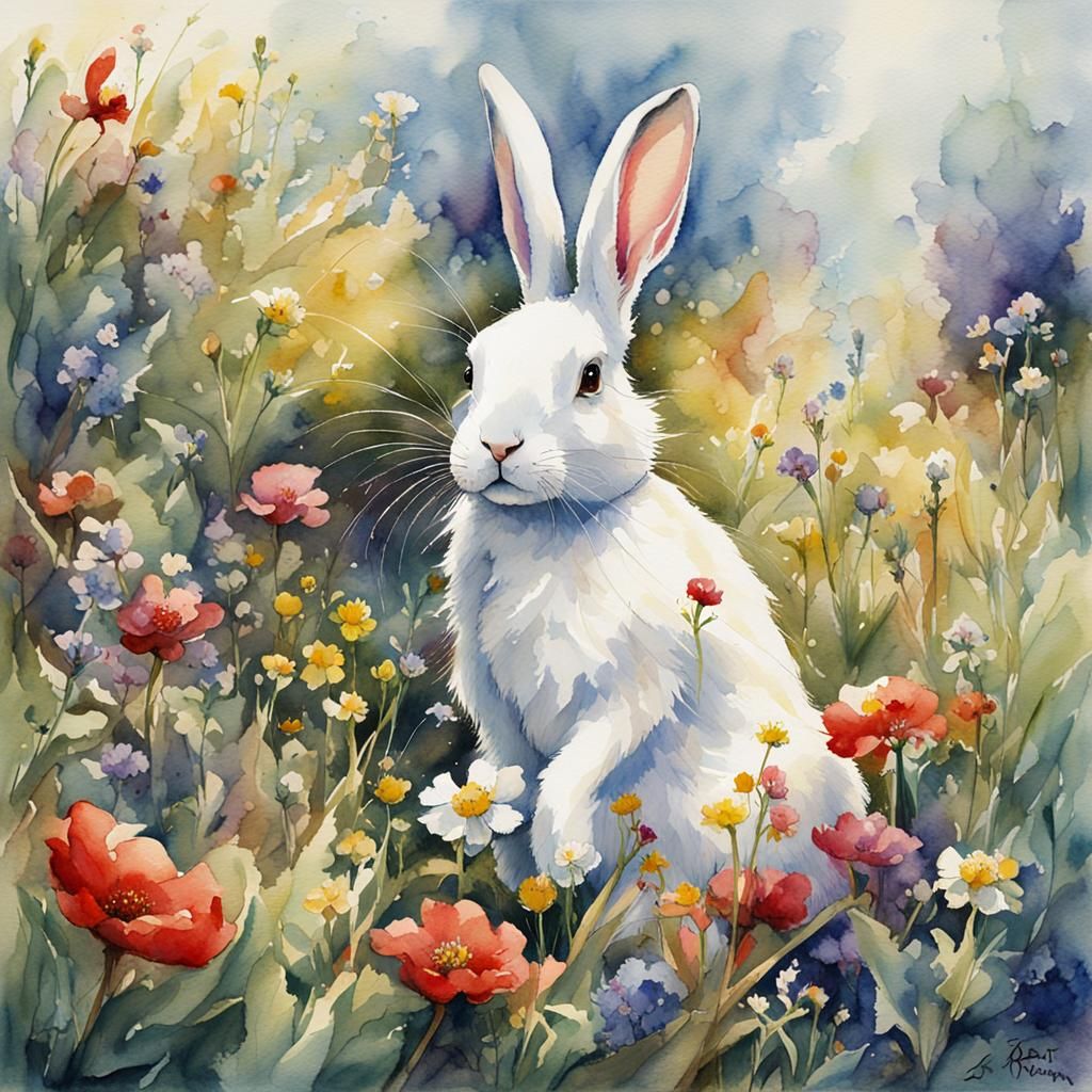 Rabbit in Wildflowers: Watercolor Painting