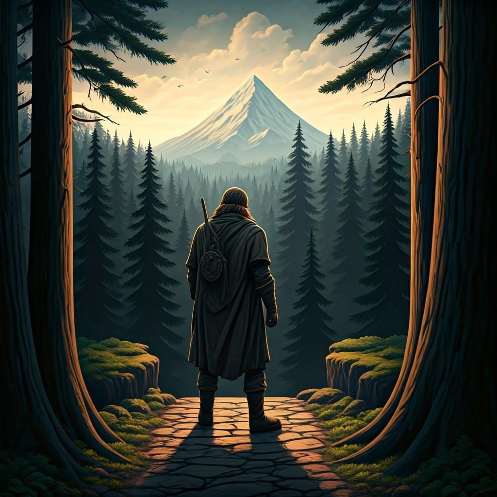 Brooding Ranger Wood Carving Overlooking Forest