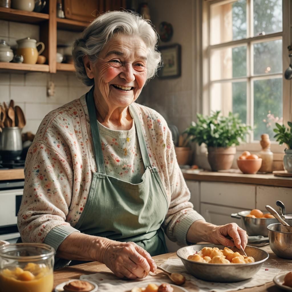 Sweet Granny Smiling in Cozy Impressionistic Kitchen