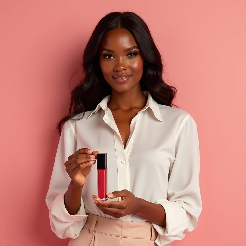 Elegant Young Woman Holds Luxurious Lip Gloss in Soft Pink S...