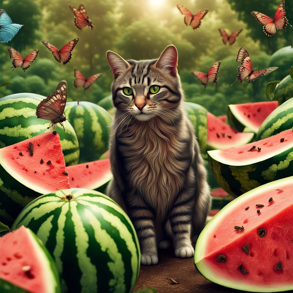 Cat in Watermelon Garden: Hyperrealistic 8K Art