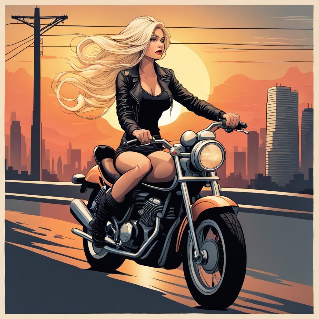Blonde Woman on Motorcycle at Sunset in Vaporwave Style