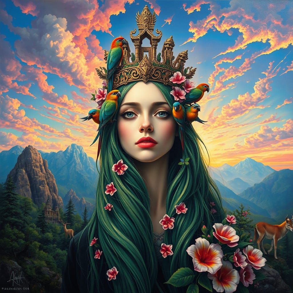 Surreal Oil Painting with Serene Woman, Exotic Birds, and Lu...