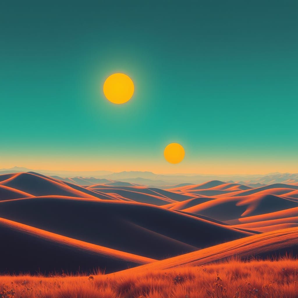 Steppes Under Turquoise Sky with Two Suns