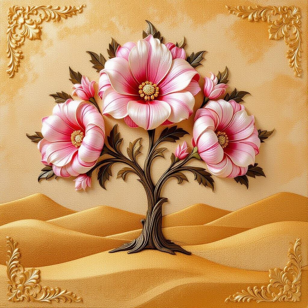 Fantasy Tree with Floral Embroidery on Velvet Sand