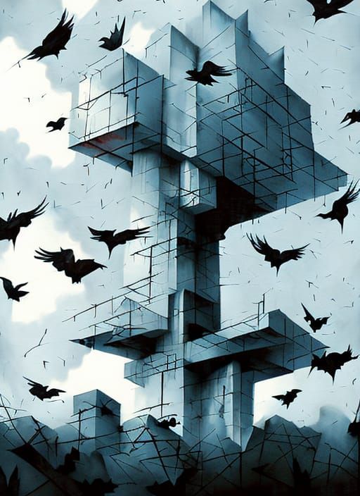 Shattered Glass Surreal Skyscraper crumbles into a Storm of Crows, Architecture Shattered Murder of Crows, MC Escher Pet...