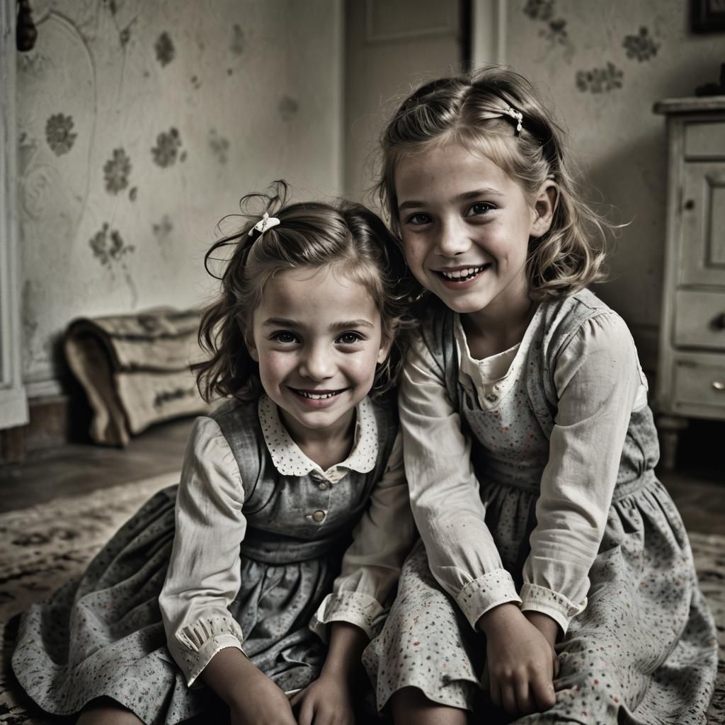 Two Little Girls Smiling in 1950s Style Portrait