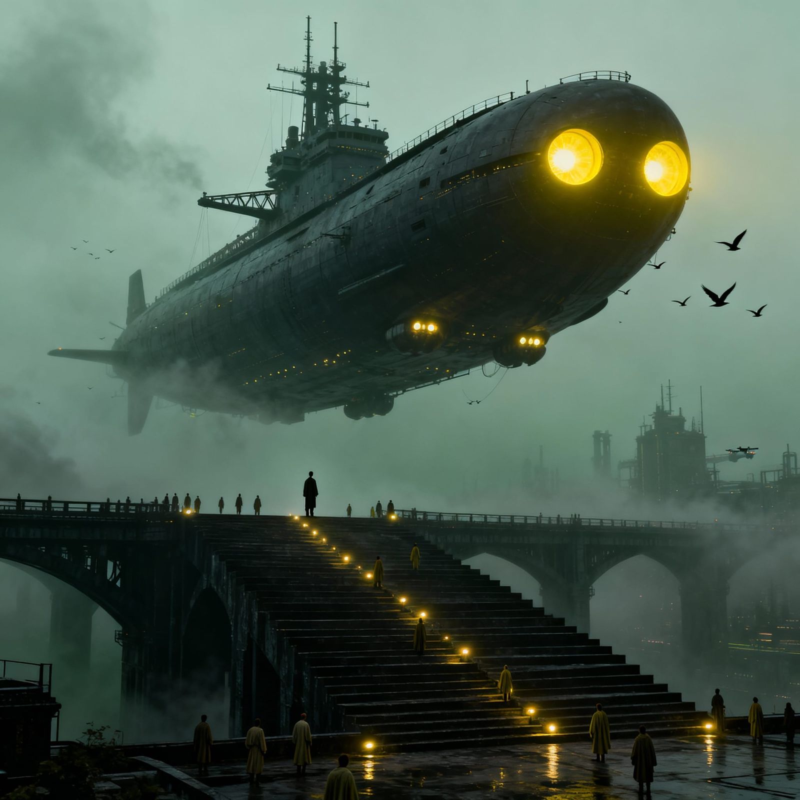 Colossal Futuristic Airship in Foggy Skies