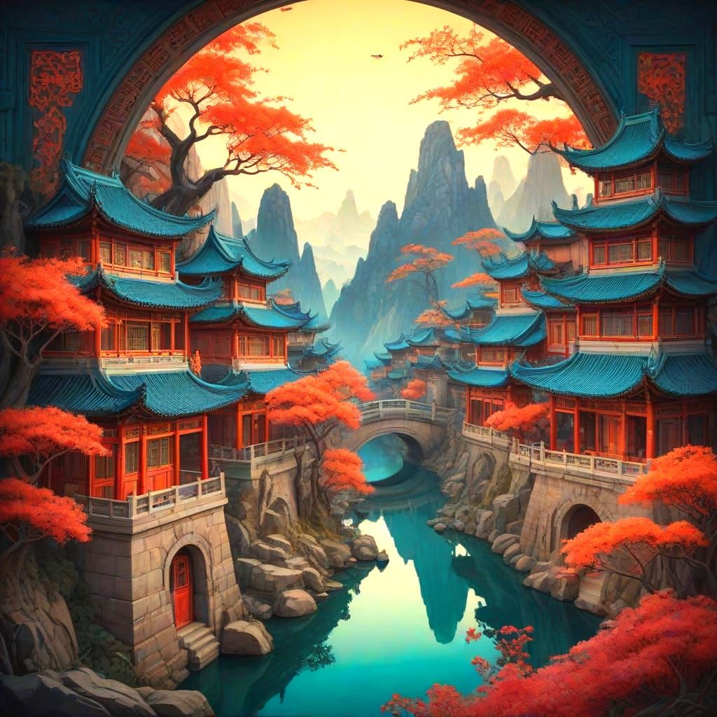 Embroidered Chinese City in Art Nouveau Style