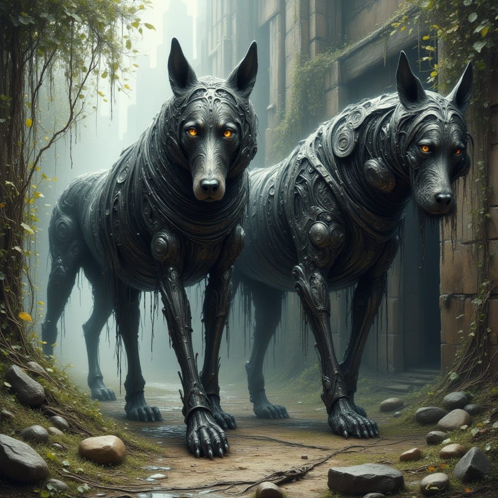 Cyborg and Cyber-Dogs in Dystopian Cityscape