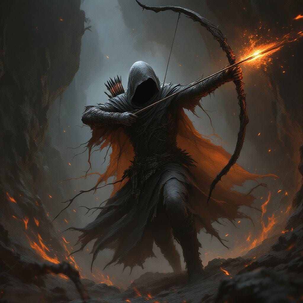 Ethereal Archer Fires Flaming Arrows in Dark Fantasy Style