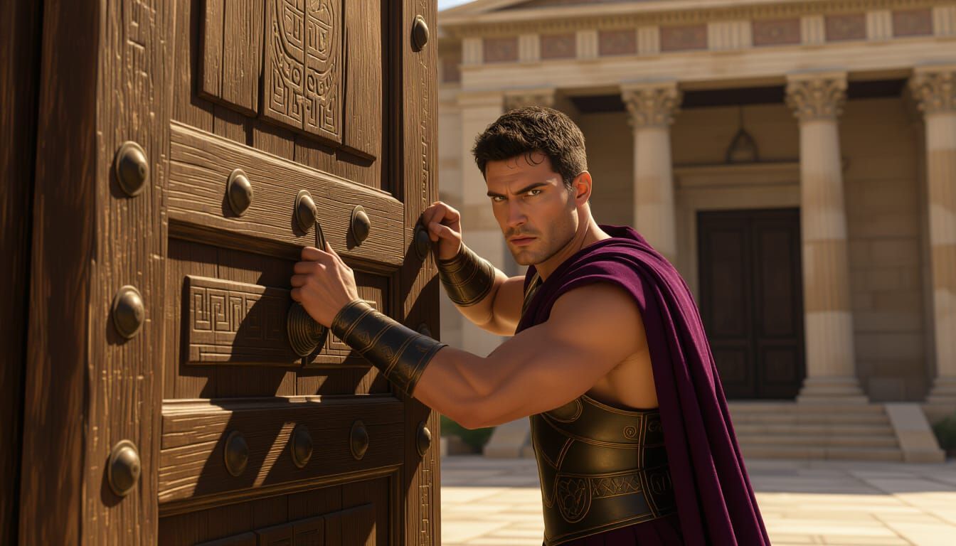 Ancient Greek Prince Forces Open Palace Door in Dramatic Lig...