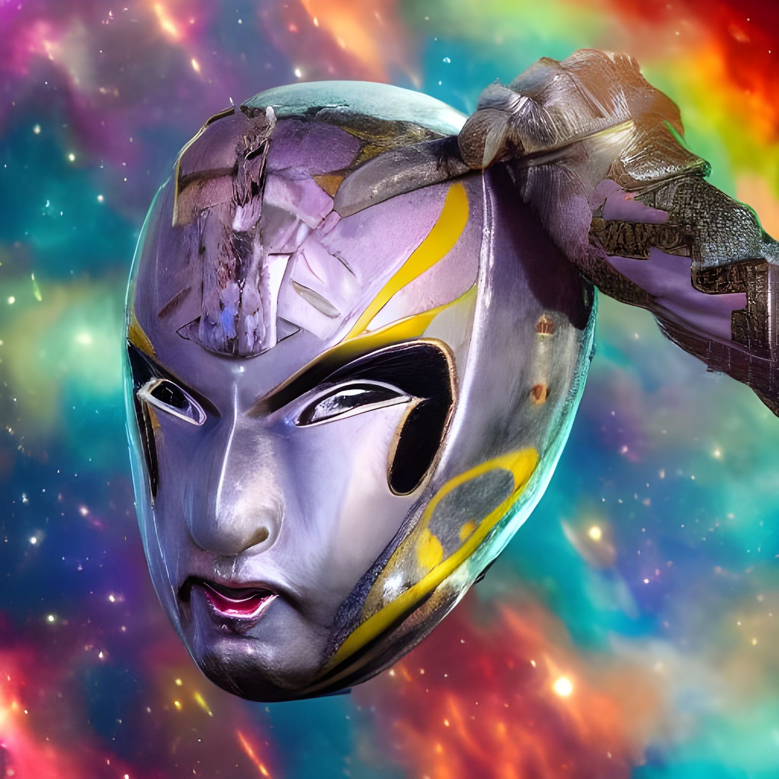 Hyperrealistic Metallic Samurai Mask in Nebula