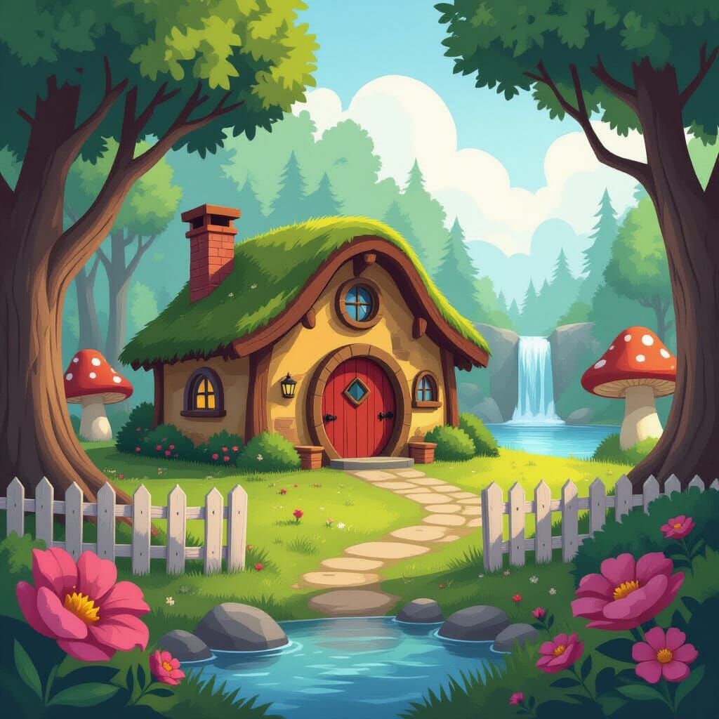Cartoon Hobbit House in Enchanted Forest