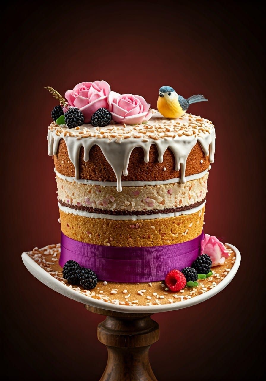 Whimsical Cake Top Hat with Rose Icing and Berries