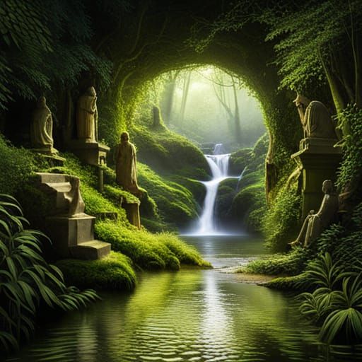 Mysterious Cave Entrance with Stone Statues