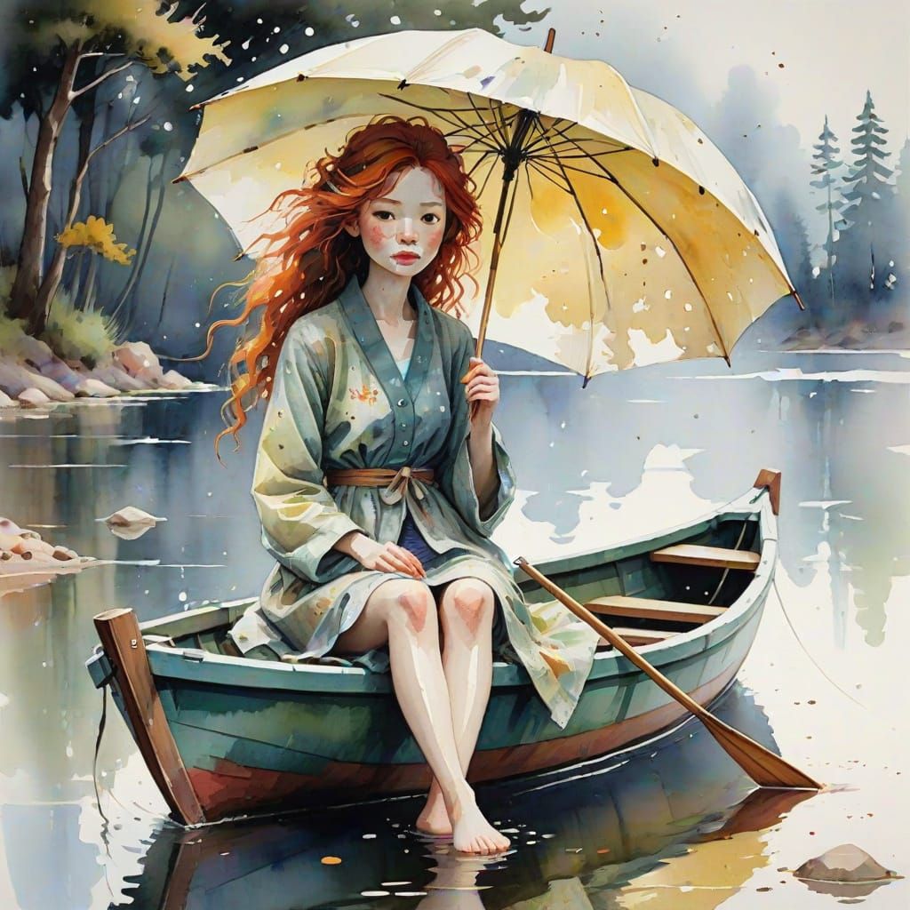 Surreal Watercolor Scene with Doll-Like Figure in a Boat