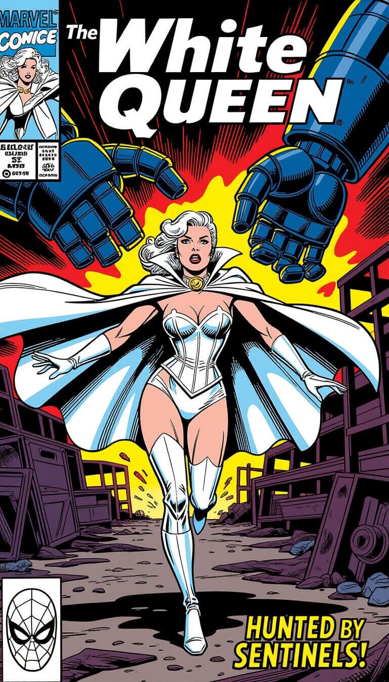 White Queen Hunted by Giant Robot Hand in Comic Style