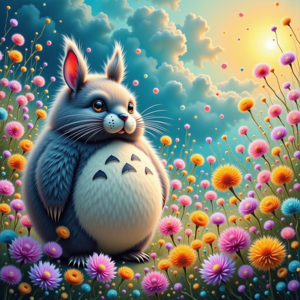 Whimsical Steampunk Totoro in a Vibrant Floral Wonderland