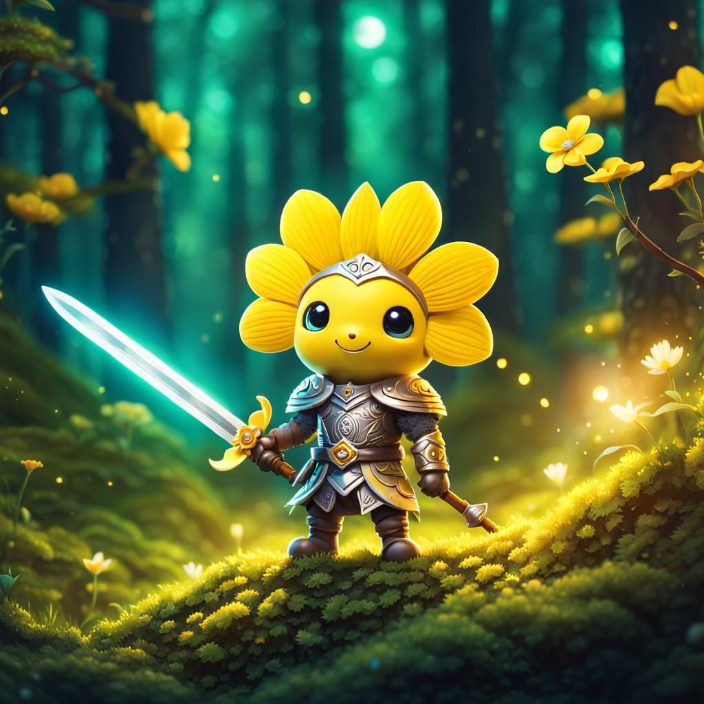 Chibi Flower Warrior in Magical Forest Illustration