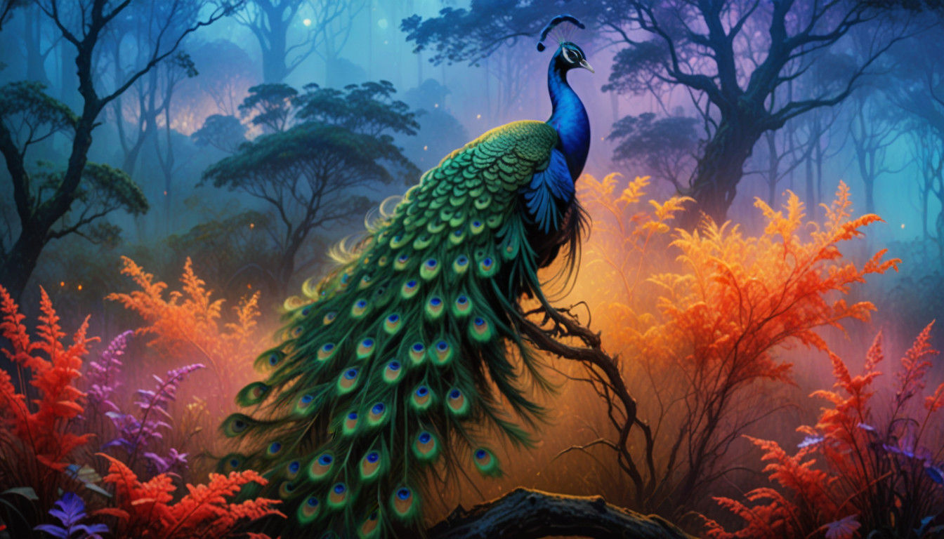 Moonlit Peacock in Enchanted Forest