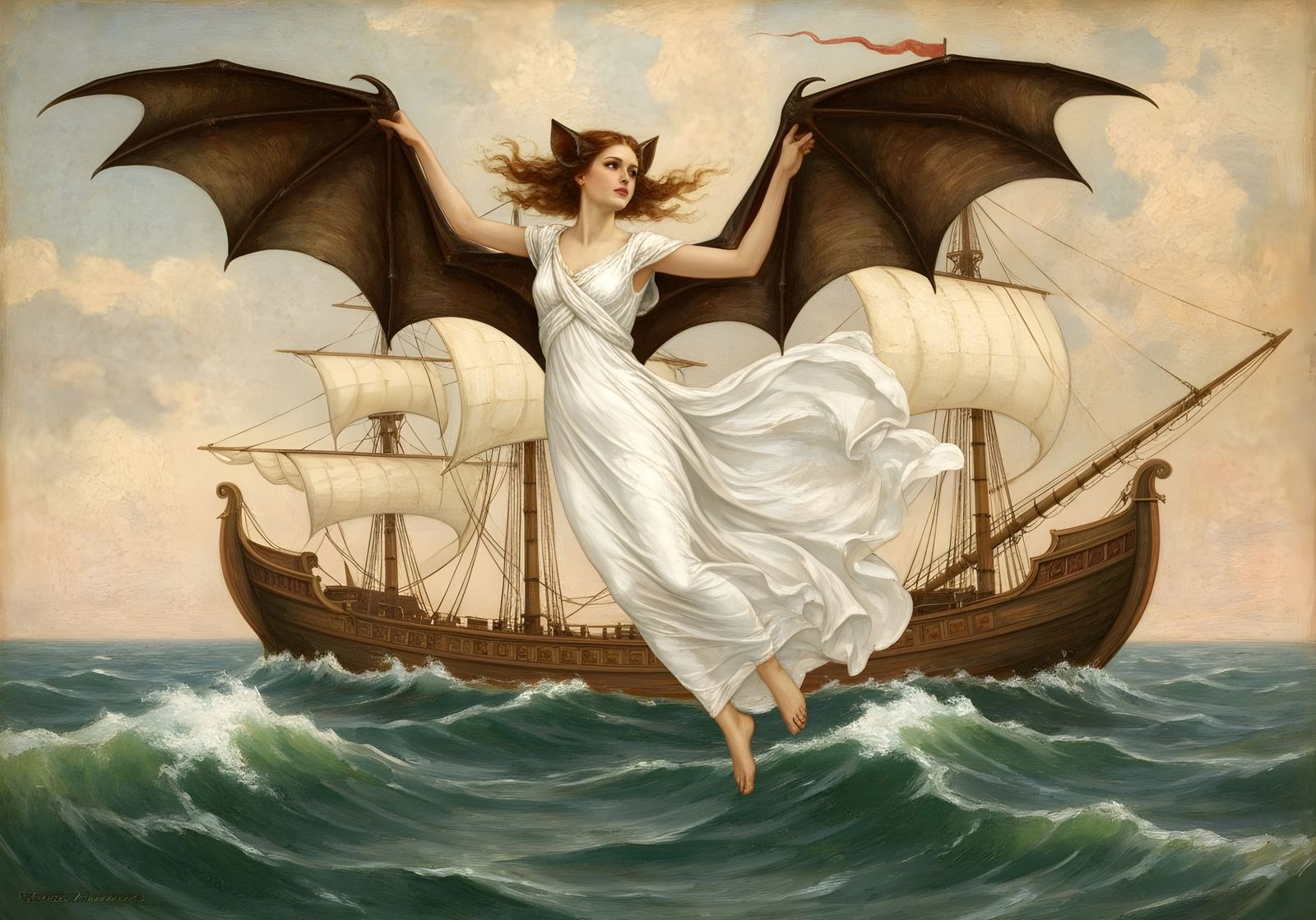 Bat Fairy Flies Over Ancient Ship: Oil Painting