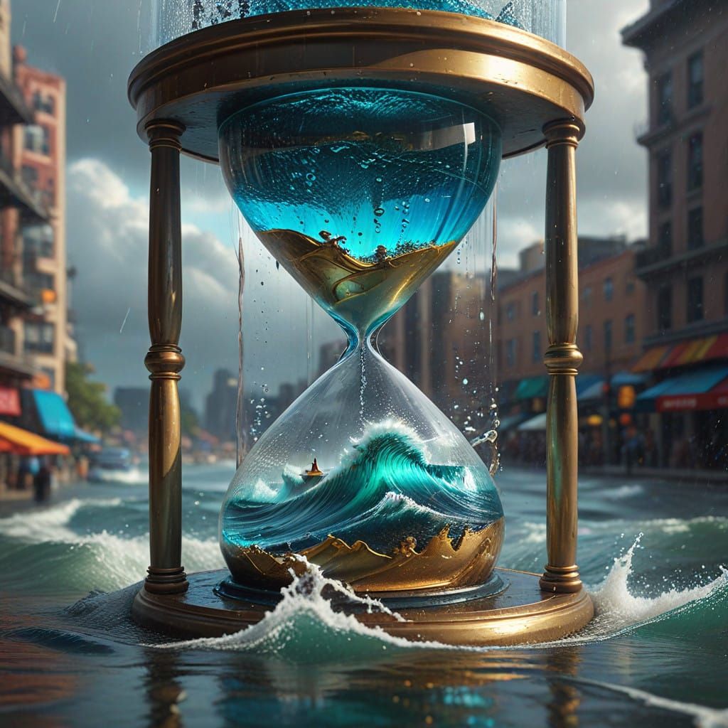 Raging Ocean Meets Rainy Cityscape in Hyperrealistic Hourgla...