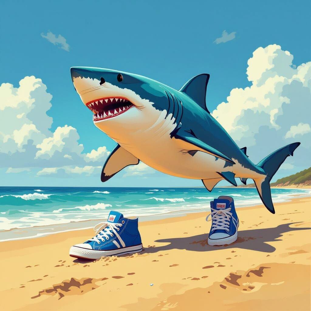 Shark in Sneakers on Beach as Digital Art
