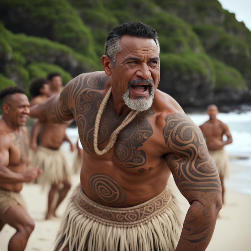 Maori Man Performs Haka on Tropical Beach