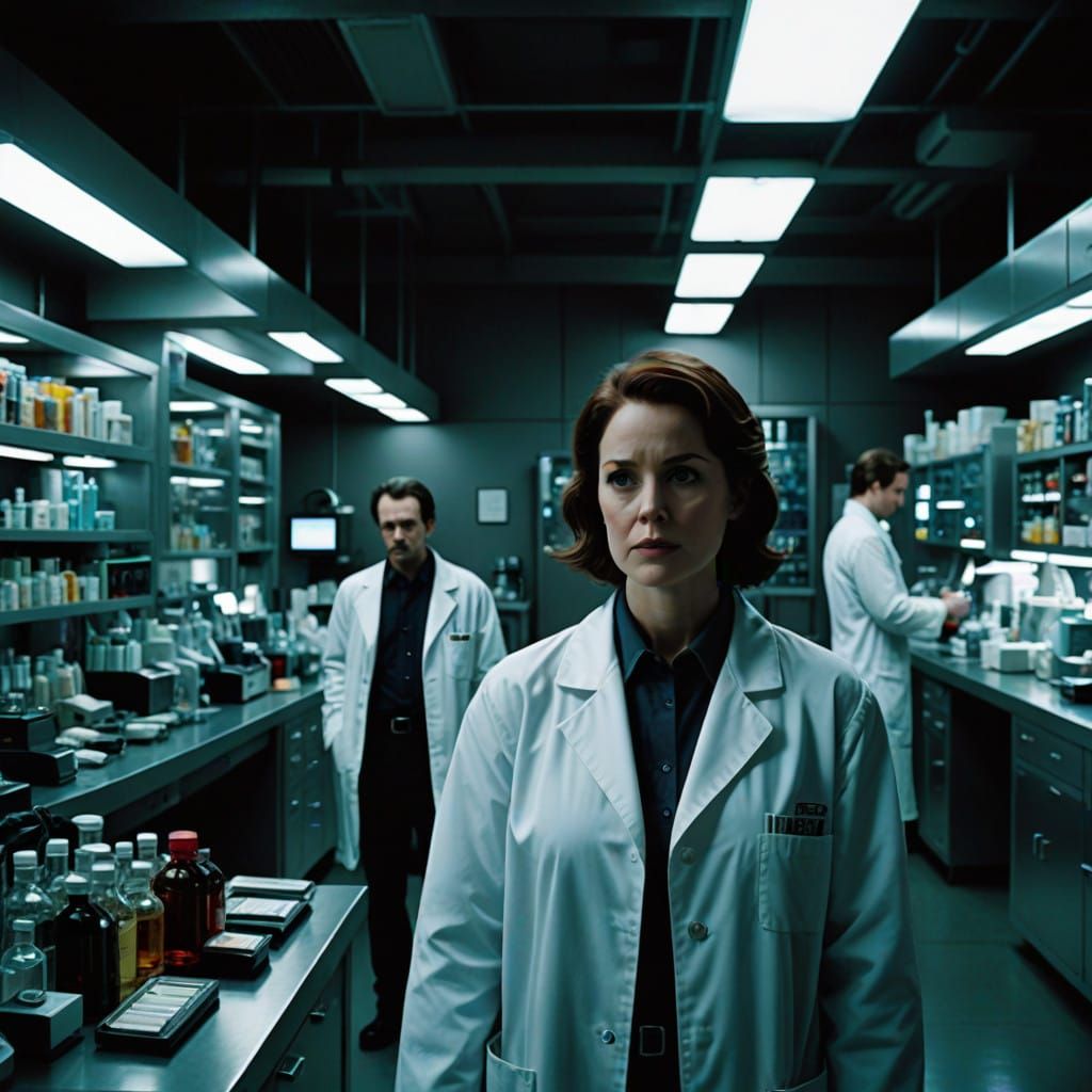 Menacing Pharmaceutical Figures in Dark Lab