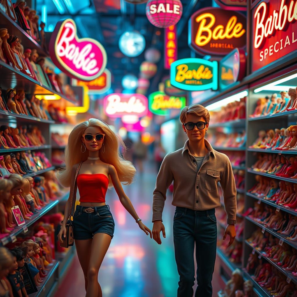 Nostalgic Barbie Night Market Scene in Retro Style