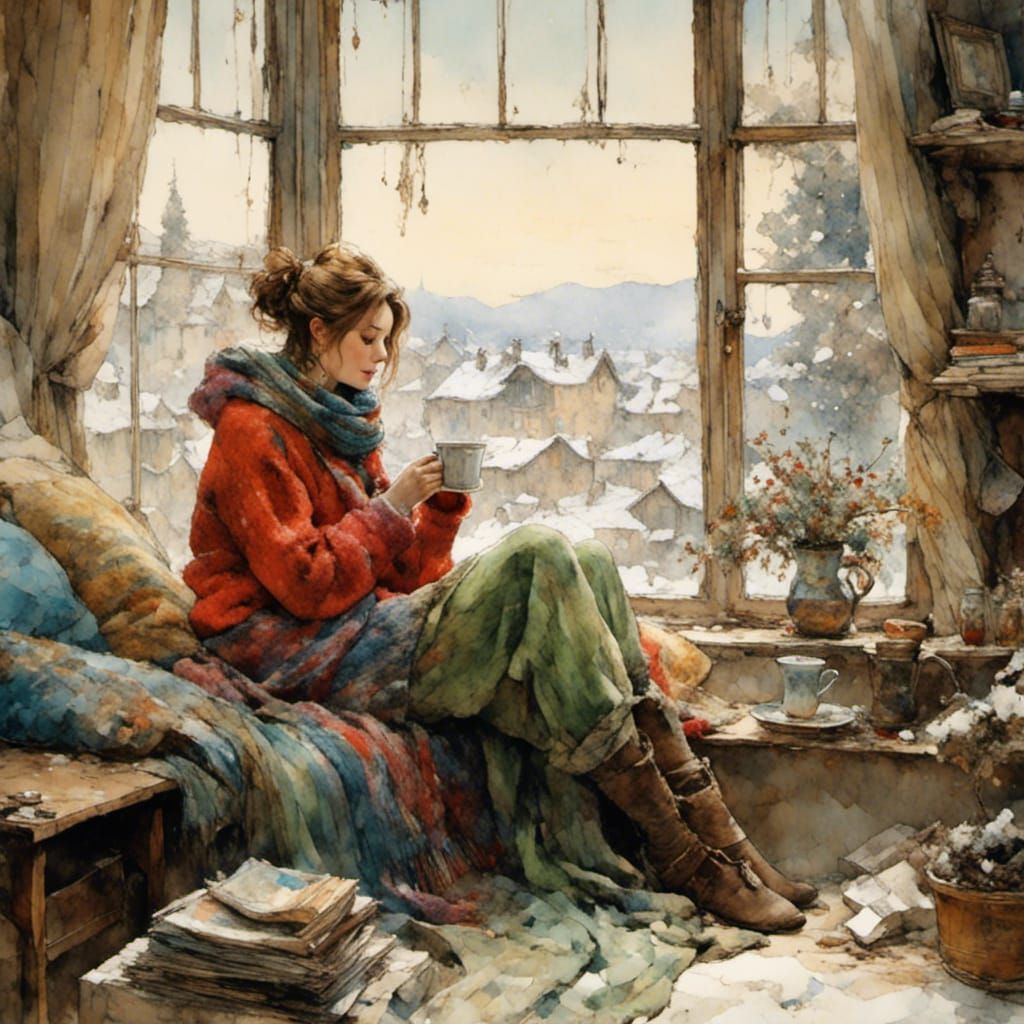 Cozy Winter Window View with Dog and Hot Drink