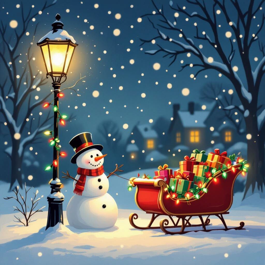 Cute Snowman on Snowy Night with Christmas Sleigh