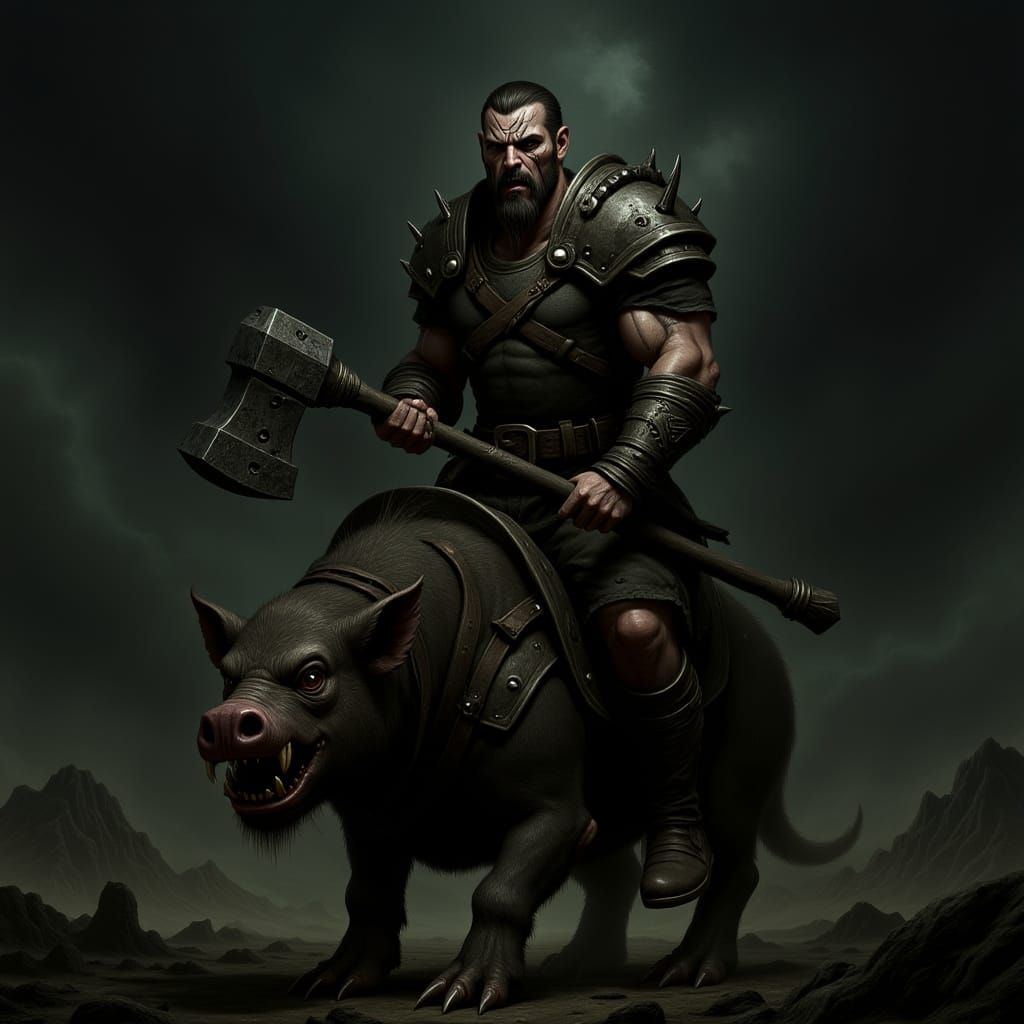 Armored Boar Rider in Dark Gothic Style
